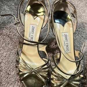 Jimmy Choo Gold Heeled Sandals with Strappy Design
